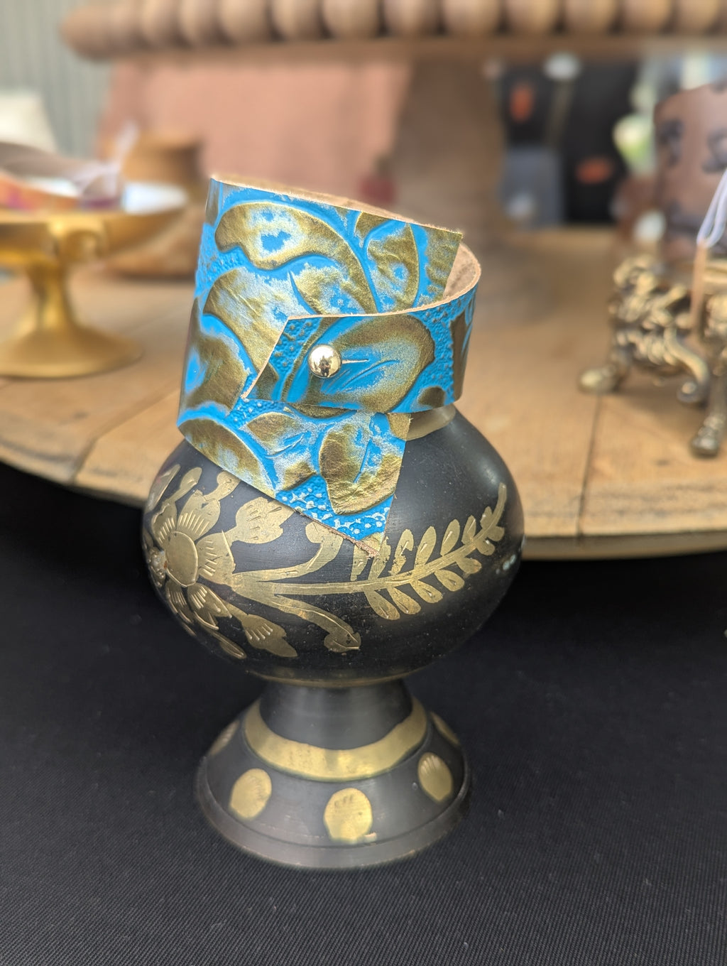 Embossed Leather Cuff - Turquoise & Gold