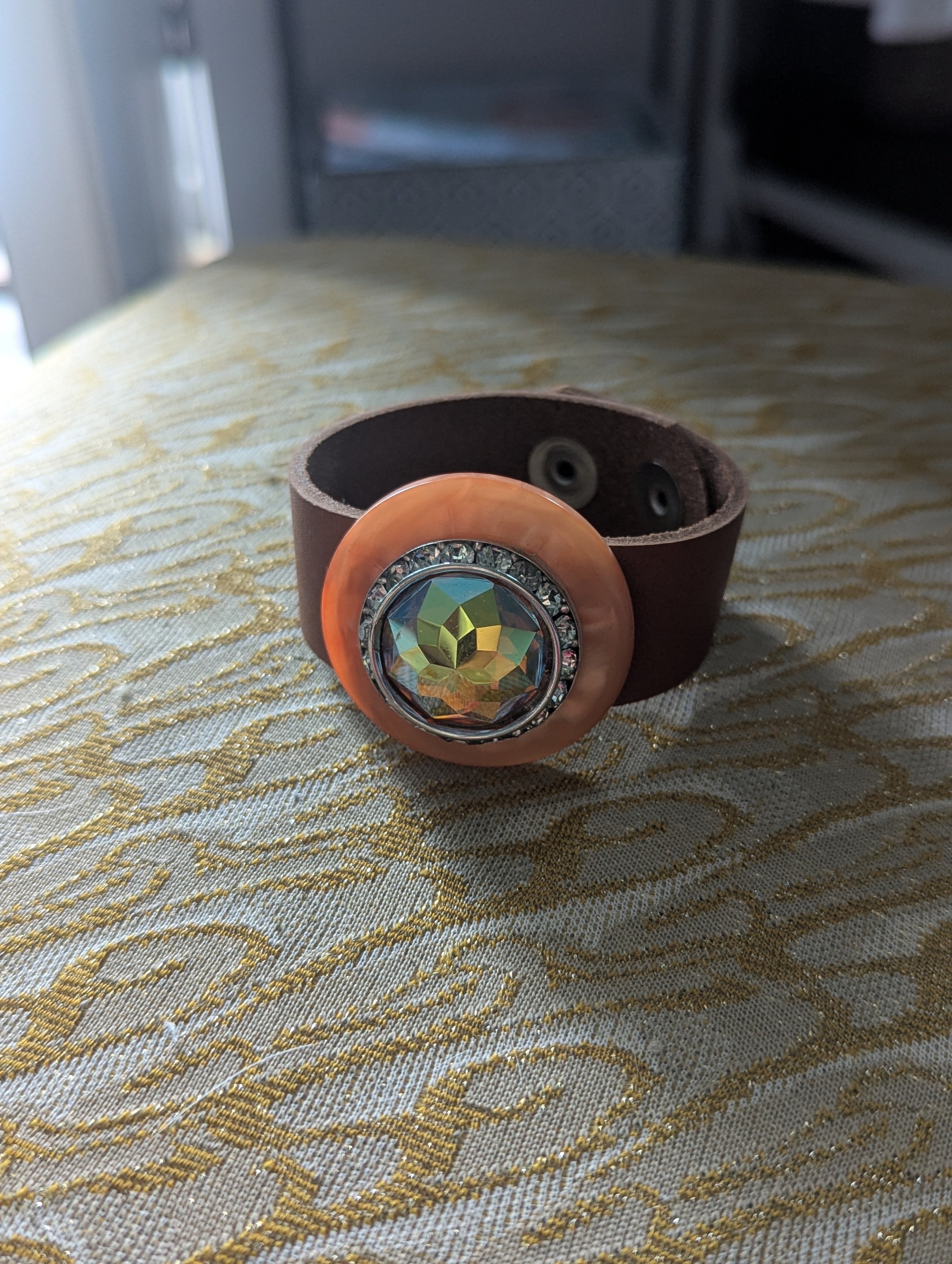 Vintage Aurora Borealis Rhinestone Stack Leather Bracelet